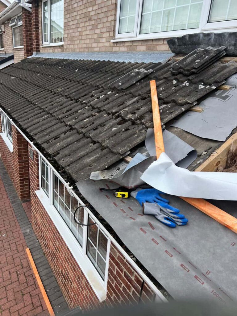 This is a photo of a pitched roof which is being repaired. The existing roof was leaking badly. Works carried out by Bolsover Roofing Repairs